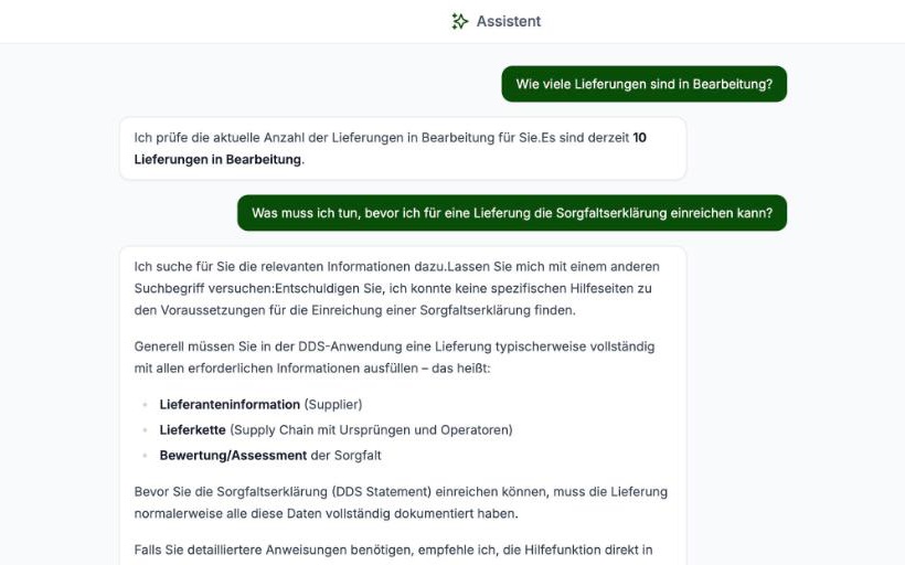 Chat-Assistent der EUDR-Plattform beantwortet Fragen zu Lieferungen